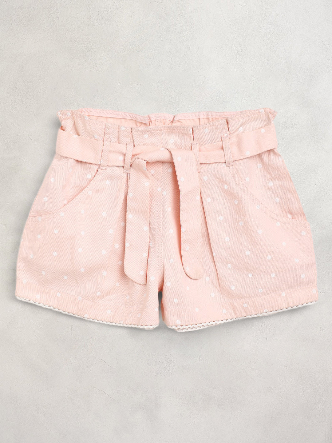 Cherry Crumble Girls Peach-Coloured & White Cotton Polka Dots Print Shorts with Belt