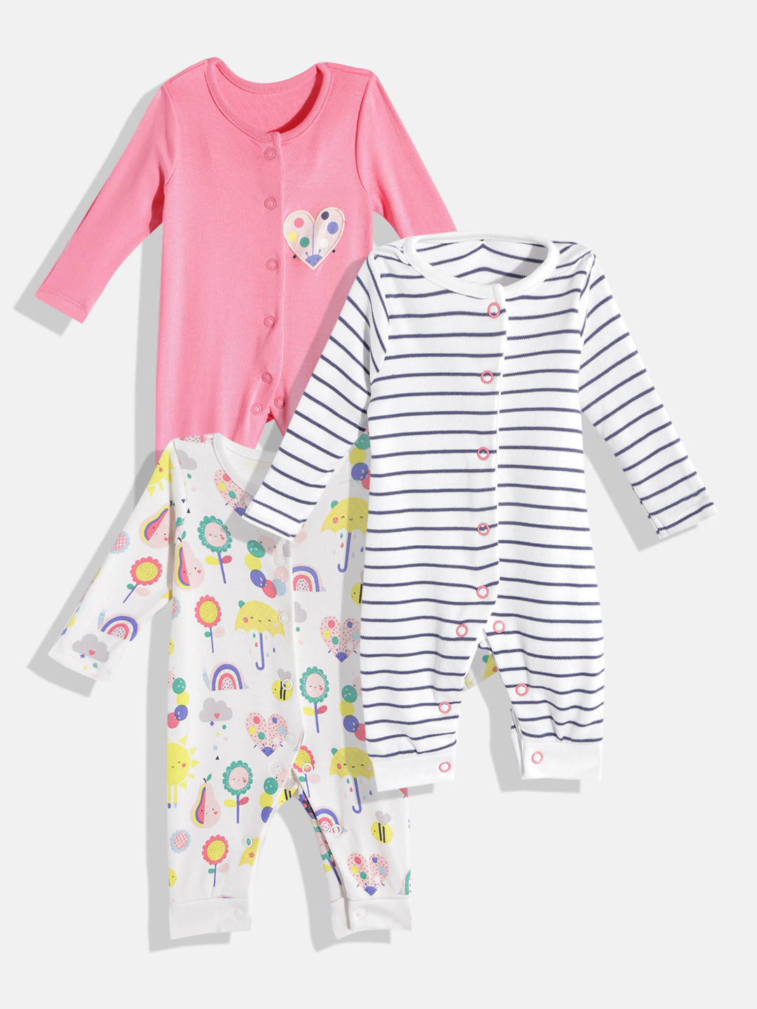 mothercare Girls Pack of 3 Pure Cotton Rompers