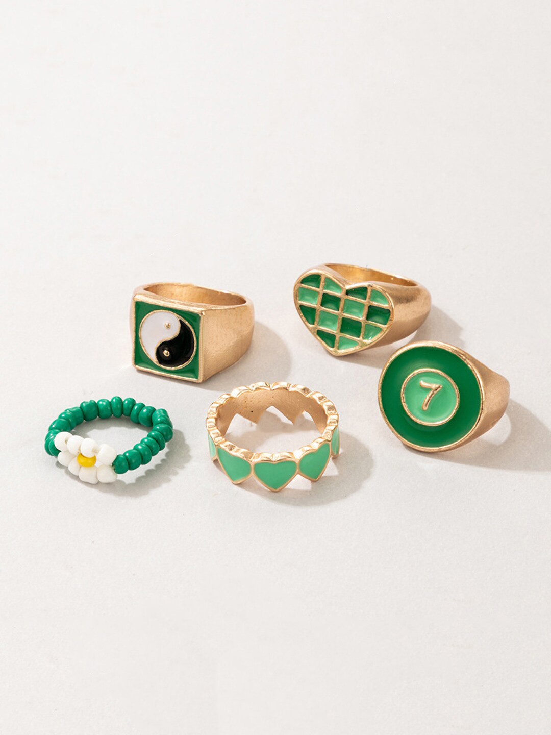 Yellow Chimes Set Of 5 Green Enameled Gold Plated Stack Knuckle Ring Set