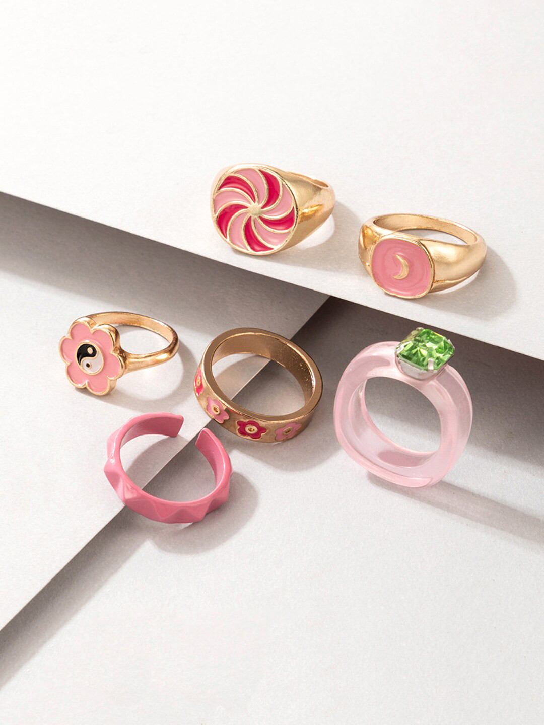 Yellow Chimes Set Of 6 Gold-Plated & Pink Design Detailed Finger Rings