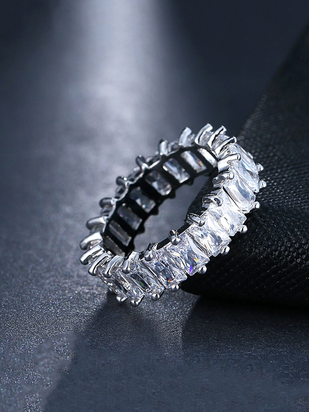 Yellow Chimes Women Rhodium-Plated Silver-Toned Crystal Studded Eternity Band Finger Rings