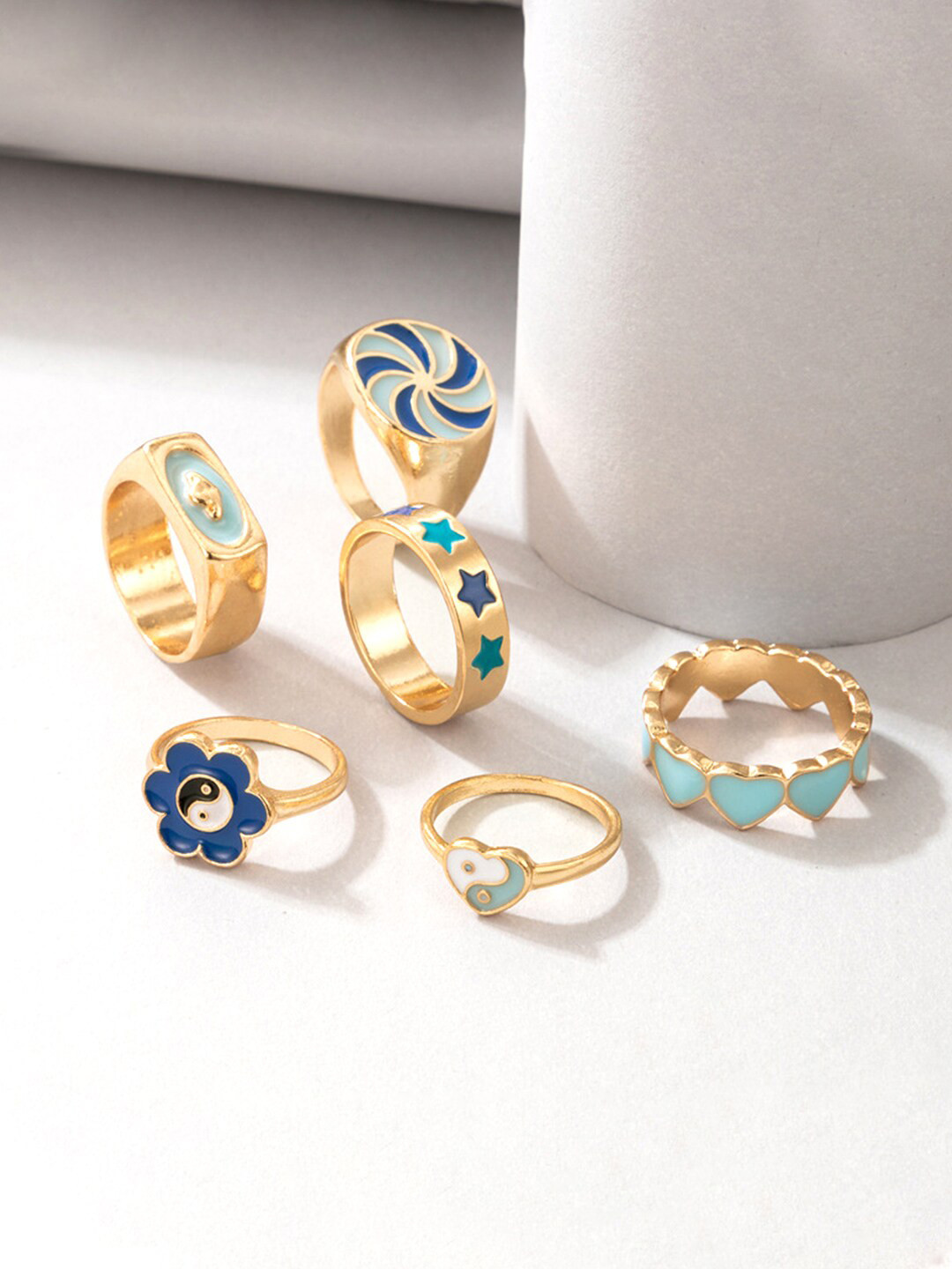 Yellow Chimes Set of 6 Gold Plated Blue Enamel Knuckle Ring Set