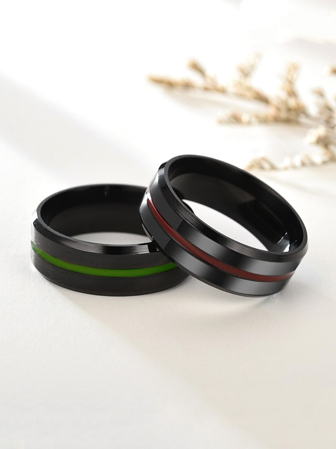 Yellow Chimes Men Set Of 2 Black Grooved Centre Finger Rings