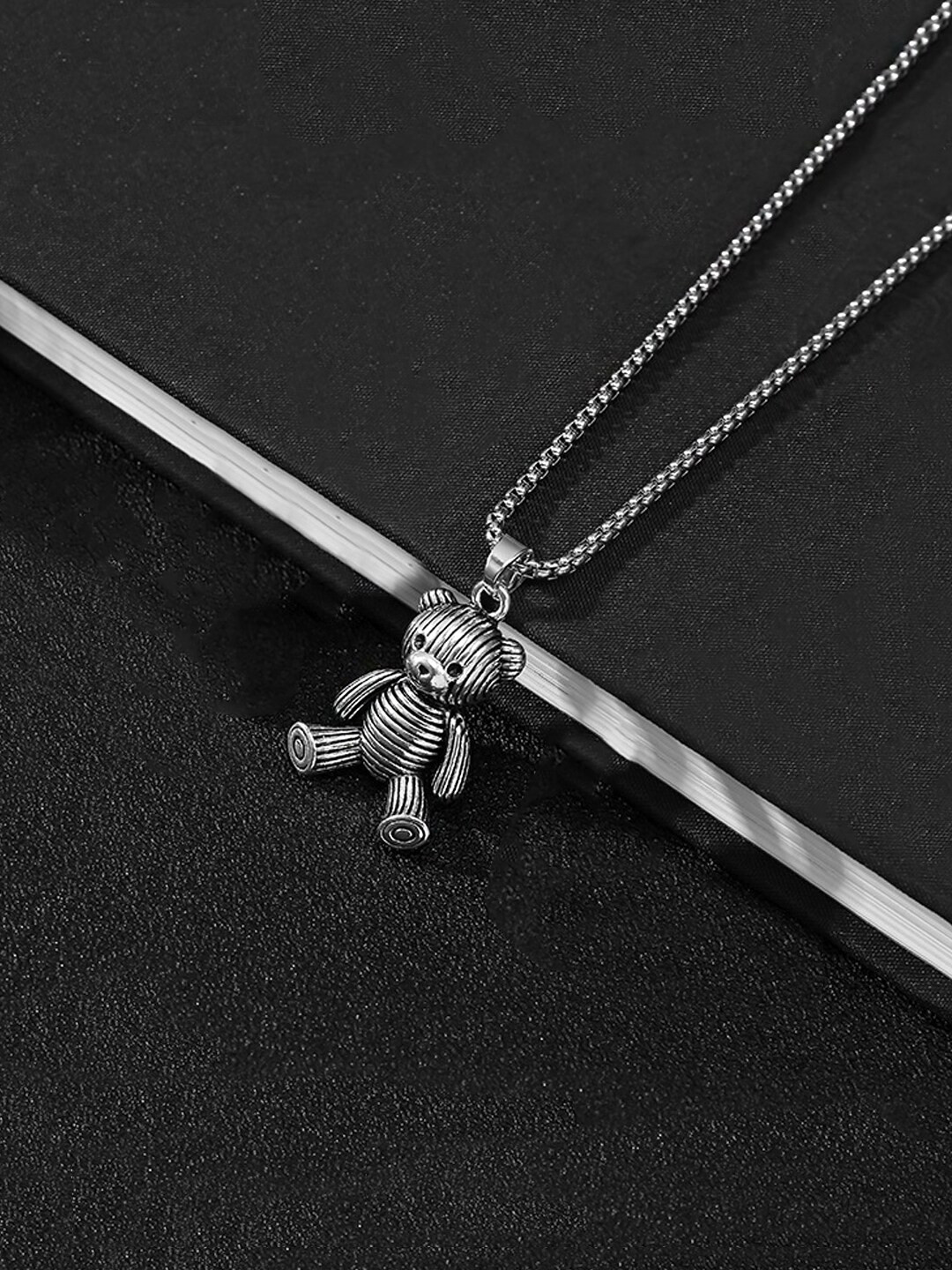 Yellow Chime Silver-Plated Stainless Steel Charm Teddy Bear Pendant With Chain