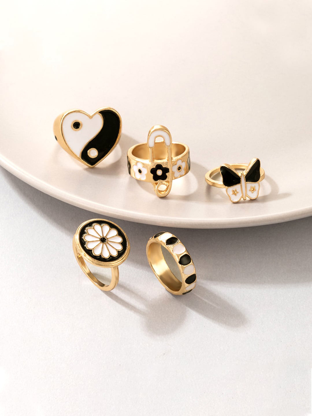 Yellow Chimes Set Of 5 Gold-Plated & Black Enameled Finger Ring