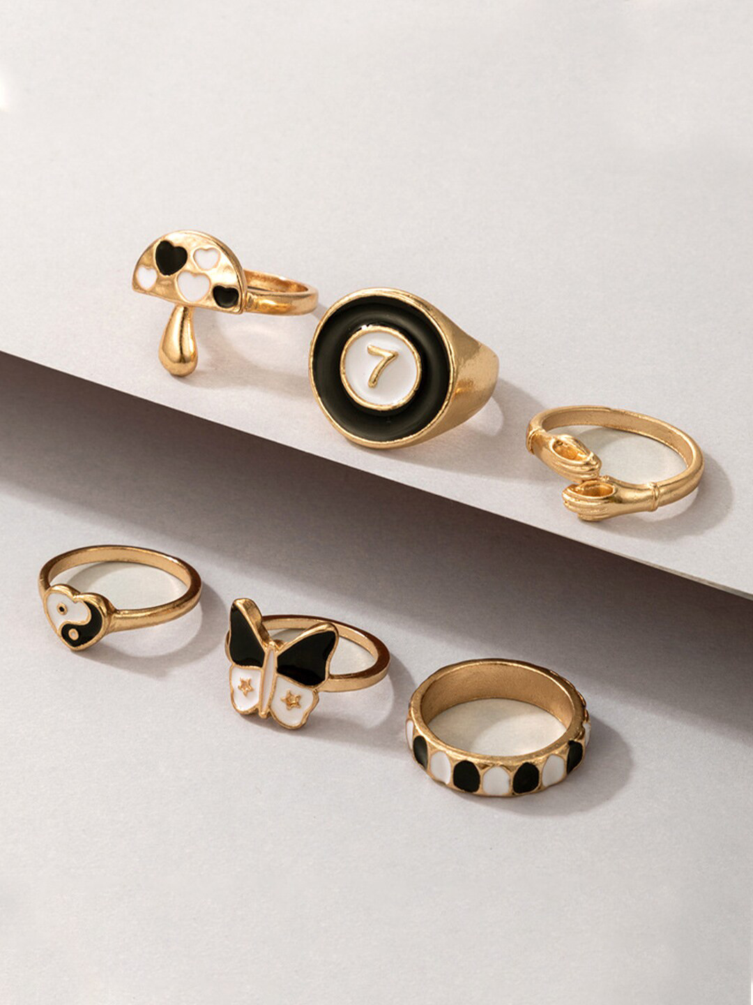 Yellow Chimes Set Of 6 Gold-Plated & Black Design Detailed Finger Ring