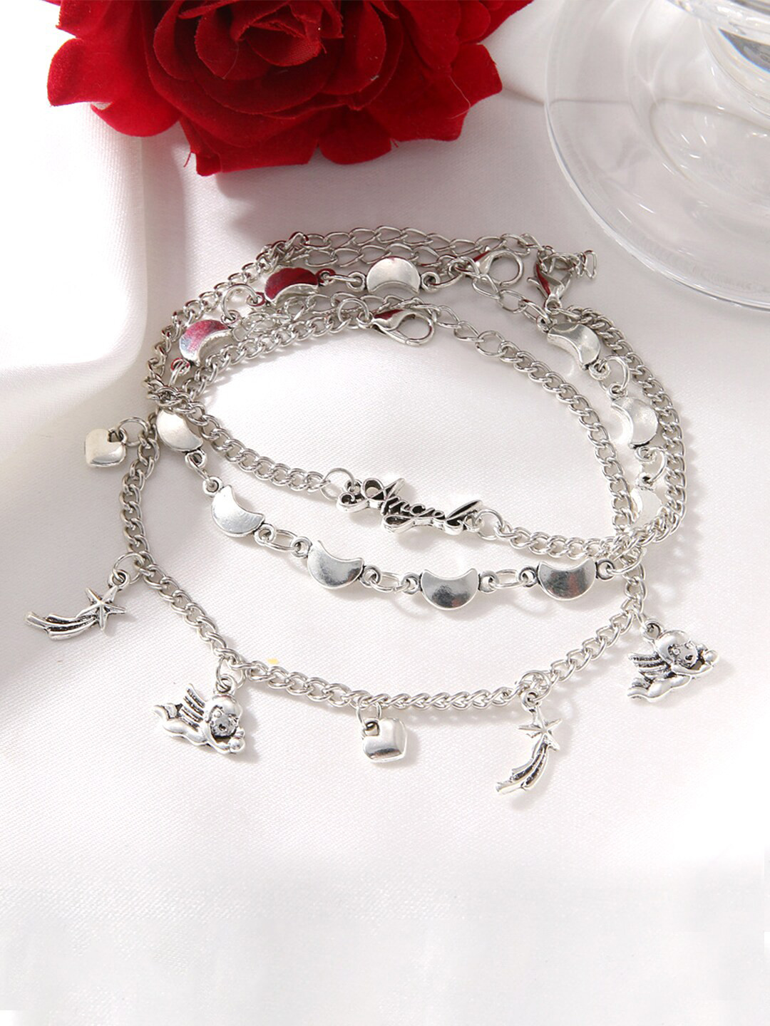 Yellow Chimes Women 3 Silver-Toned Silver-Plated Link Bracelet Set