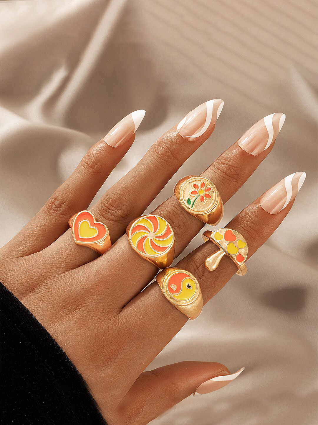 Yellow Chimes Set Of 5 Gold-Plated & Orange Enameled Finger Ring