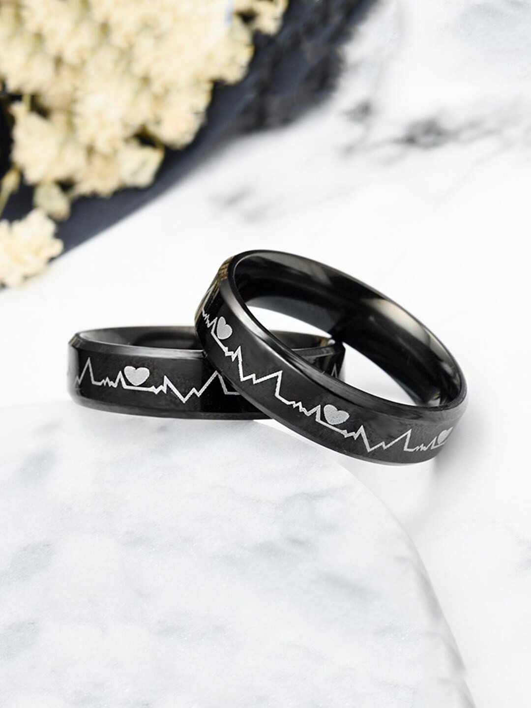 Yellow Chimes Set of 2 Black Rhodium-Plated Stainless Steel Heartbeat Wave Design Couple Band Rings