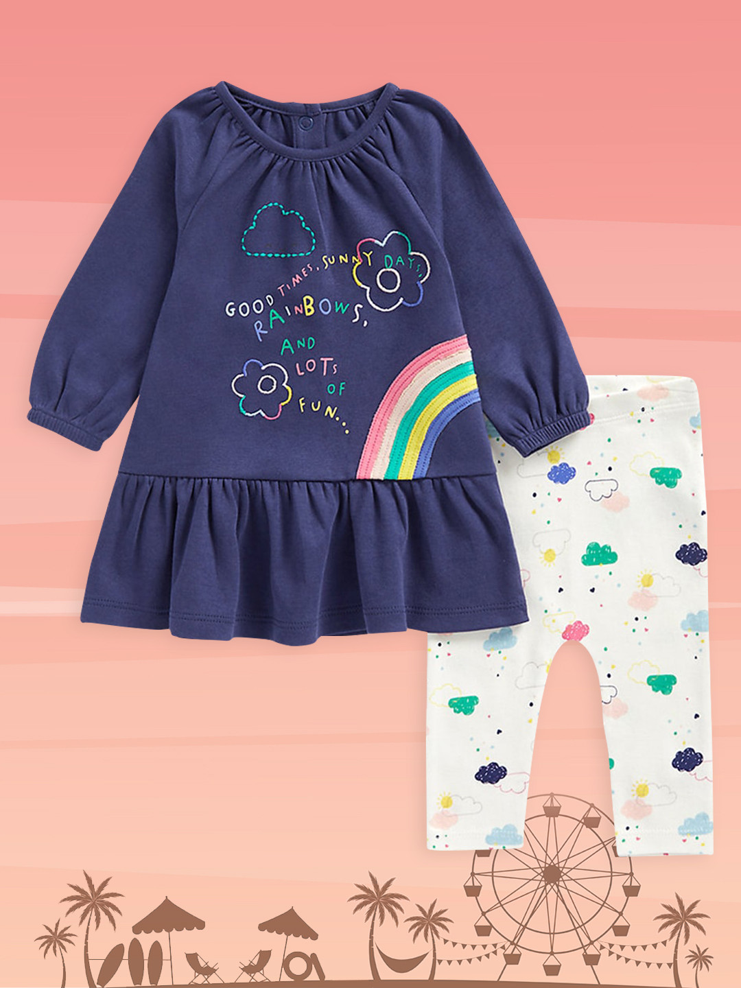 mothercare Infant Girls Navy Blue & White Pure Cotton Dress With Leggings Set