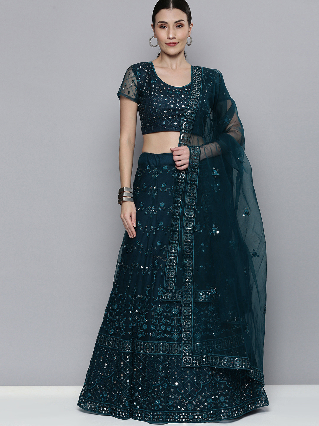 Kvsfab Teal Green Embroidered Semi-Stitched Lehenga with Unstitched Blouse & Dupatta