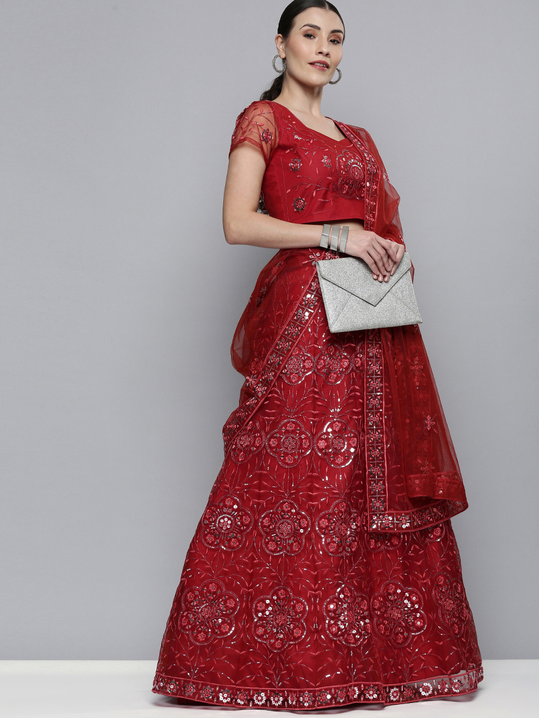 Kvsfab Maroon Embroidered Semi-Stitched Lehenga with Unstitched Blouse & Dupatta