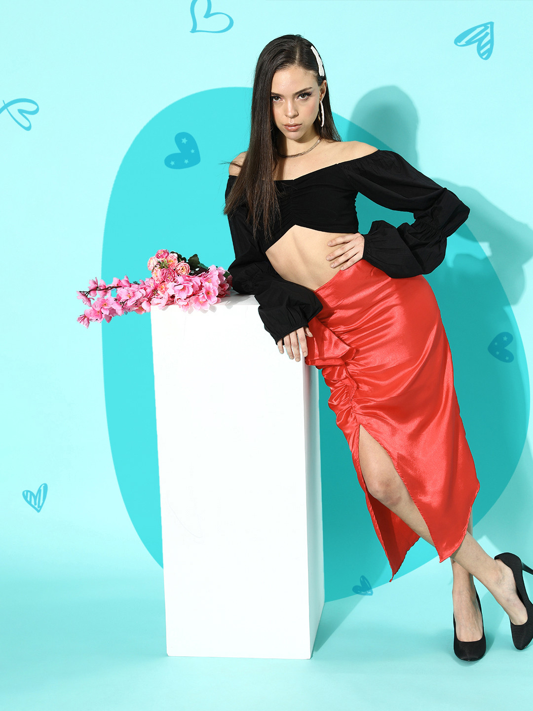 Cation Women Red Solid Side Slit Skirt With Satin Finish