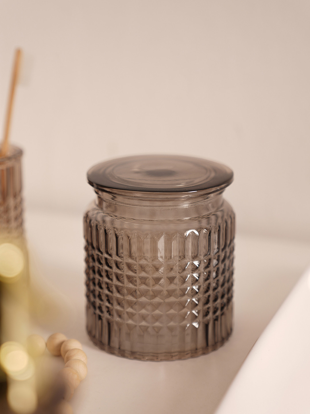 Pure Home and Living Brown Diamond Texture Glass Cotton Jar with Lid