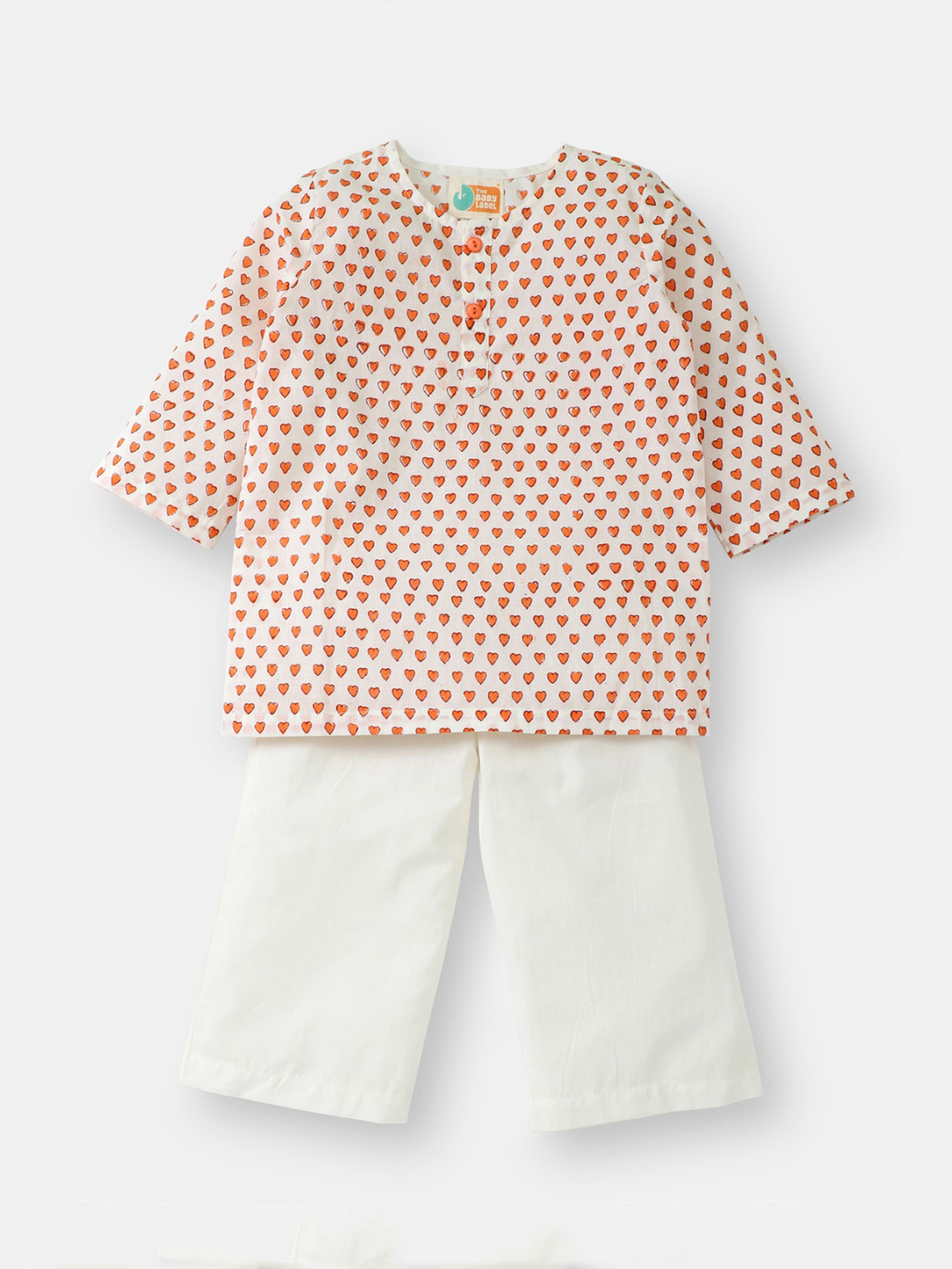 THE BABY LABEL Unisex Kids Orange & White Hand-Block Hearts Print Pure Cotton Kurta with Pyjamas
