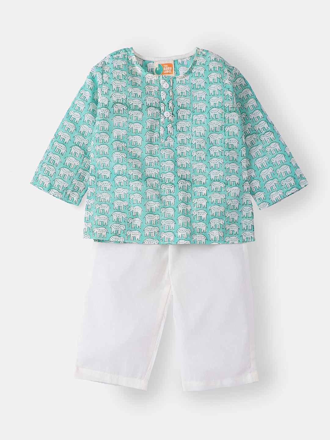 THE BABY LABEL Kids Sea Green & White Hand-Block Elephant Print Kurta Pajama Set