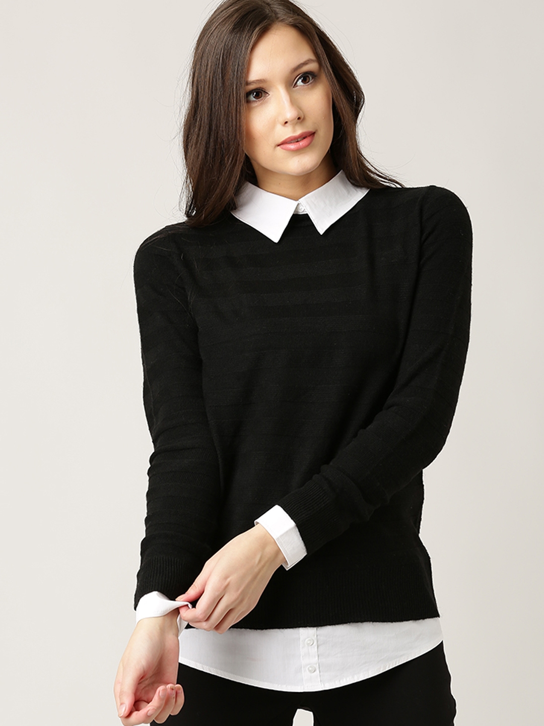 ESPRIT Women Black Self-Striped Layered Sweater