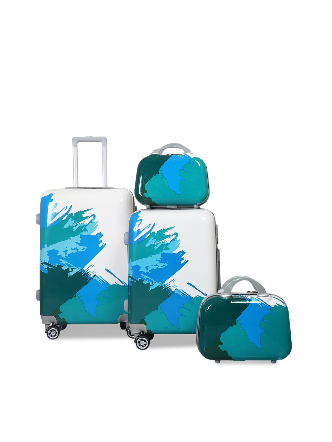 Polo Class Set of 4 Blue & White Printed Hard-Sided Medium Trolley Suitcase With Vanity Bag