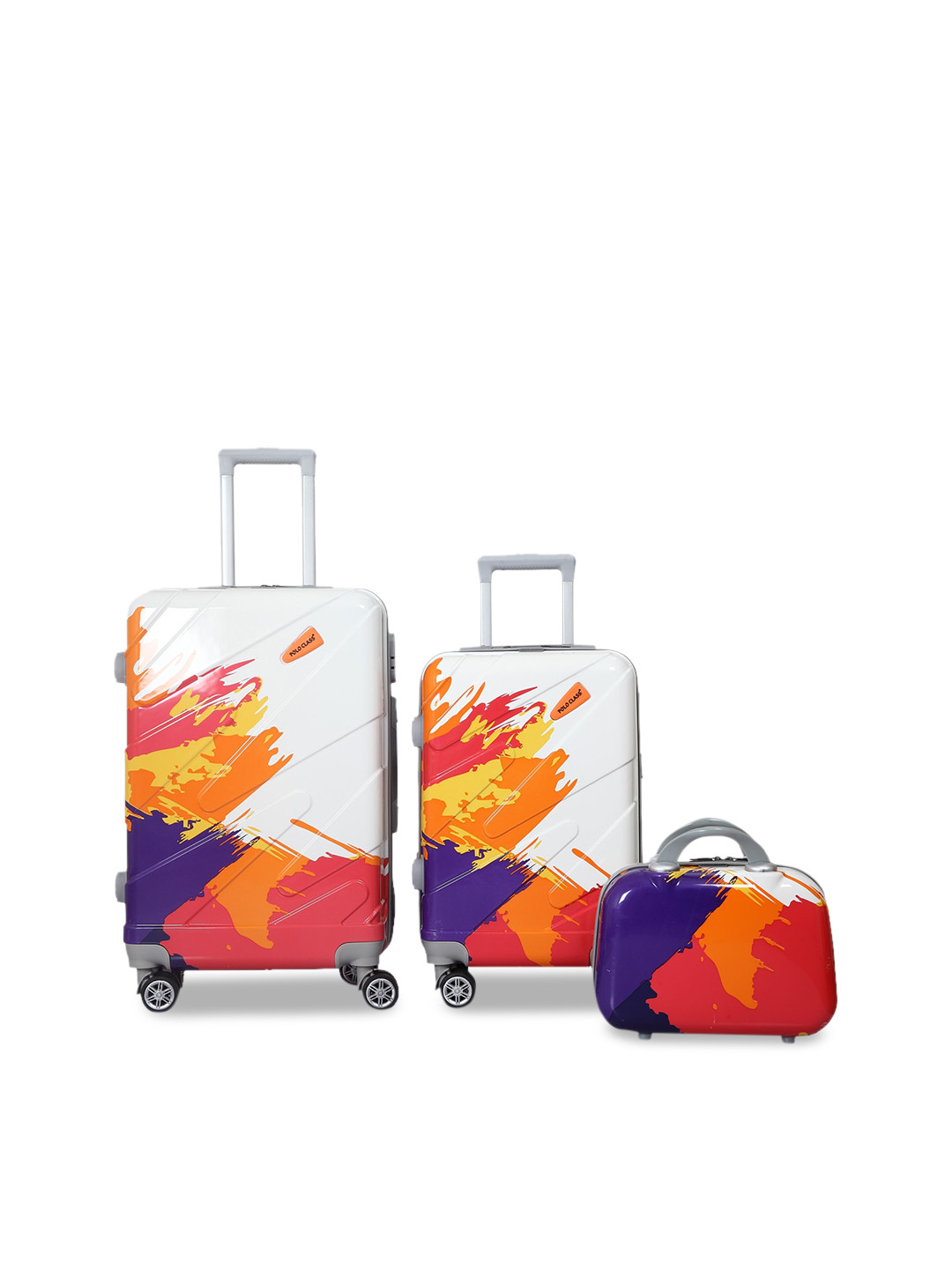 Polo Class Set of 3 Orange & White Printed Hard-Sided Medium Trolley Suitcase With Vanity Bag