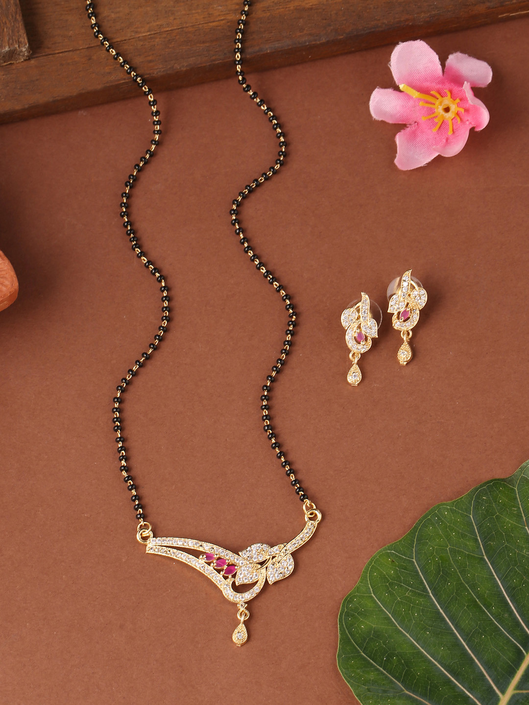 VIRAASI Gold-Plated Pink & White Stone-Studded Mangalsutra With Earrings Set