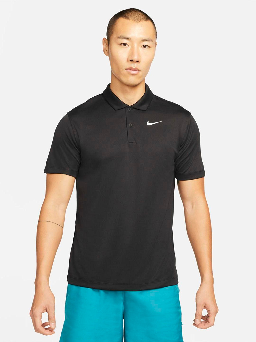 Nike Men Black Brand Logo Printed Polo Collar Dri-FIT T-shirt