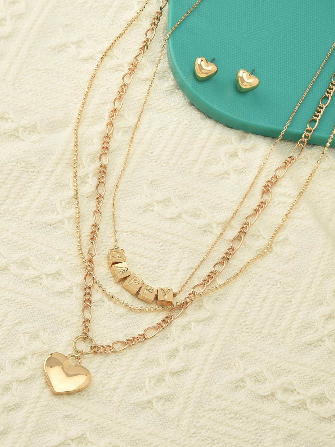 AMI Gold Plated Layered Necklace & Stud Earring Set