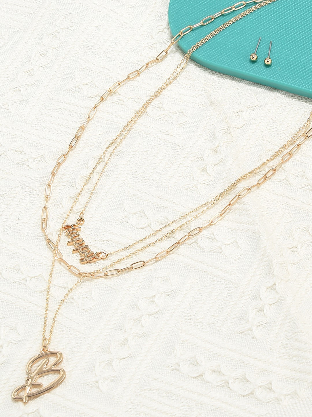 AMI Gold-Plated 3 layers Embellished Contemporary Necklace & Stud Set