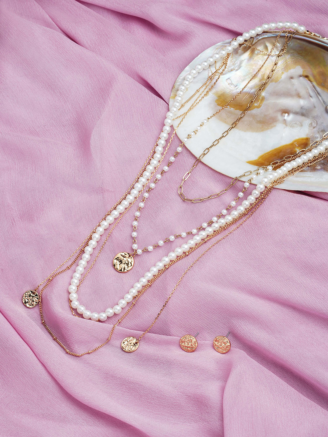 AMI Woman Gold-Plated Pearl Beaded 5 Layers Necklace & Stud Earring Set