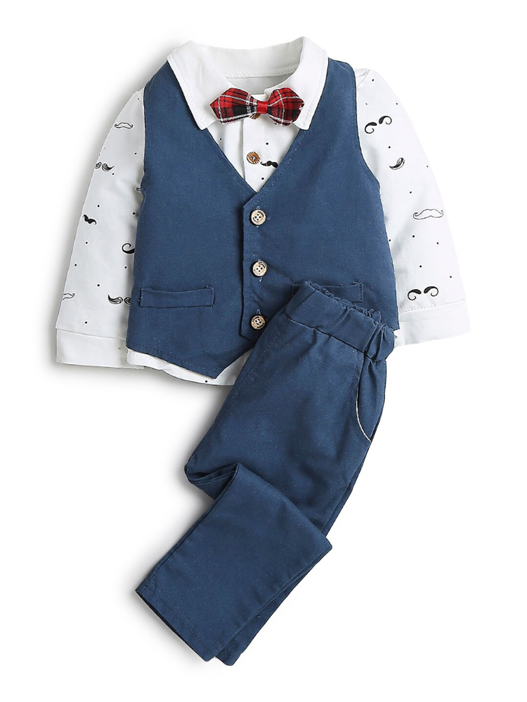 Hopscotch Boys Turquoise Blue & White Printed Waistcoat With Shirt & Trousers