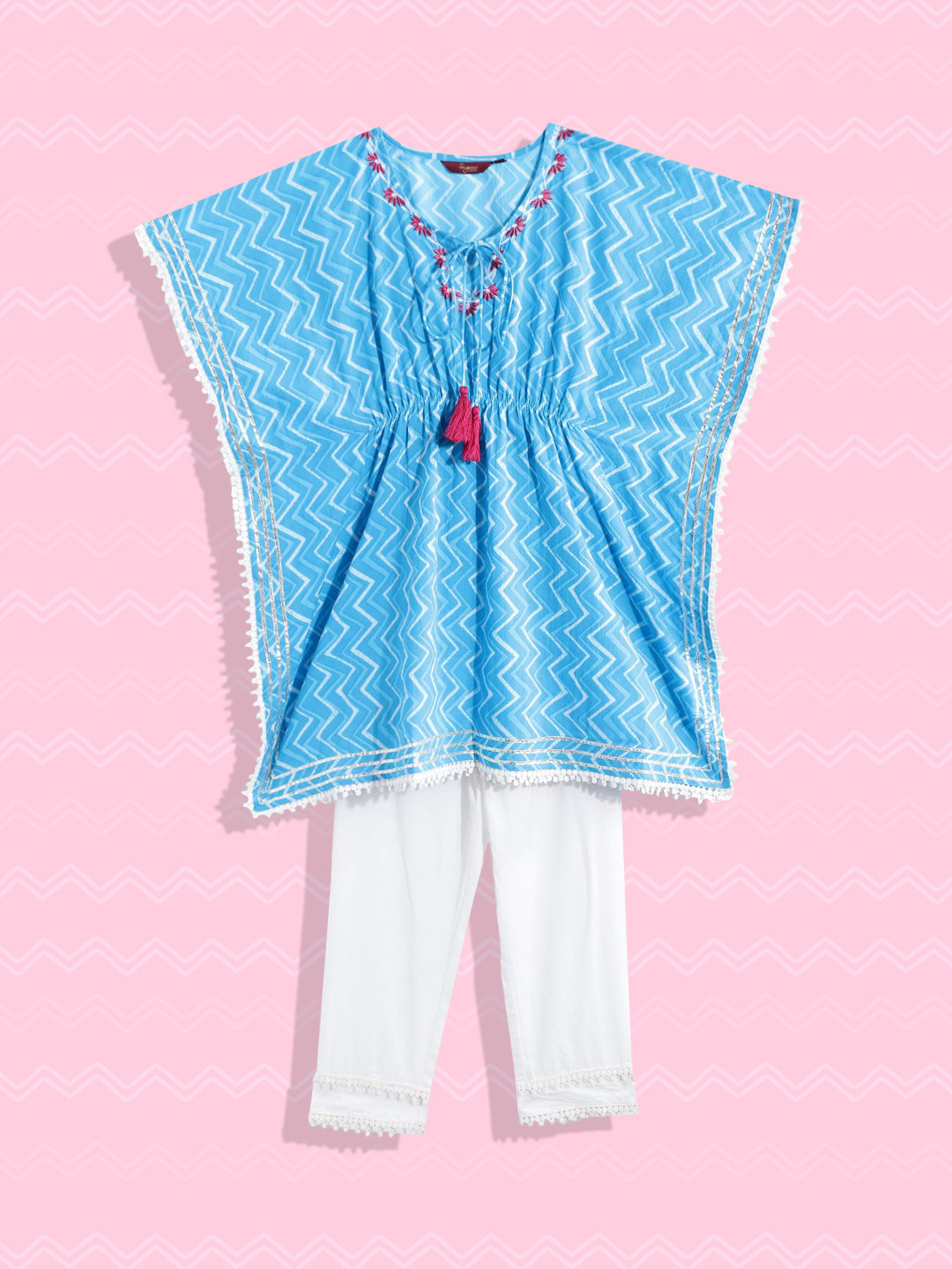 Sangria Girls Blue & White Chevron Printed Gotta Patti Pure Cotton Kurta with Trousers