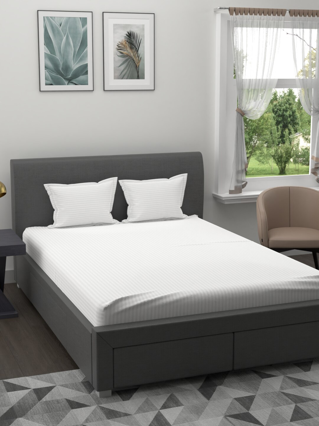 JAIPUR FABRIC White Striped 300 TC Queen Bedsheet with 2 Pillow Covers