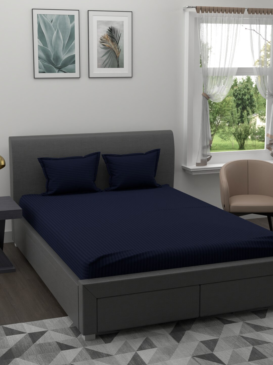 JAIPUR FABRIC Navy Blue Striped 300 TC Cotton Queen Bedsheet with 2 Pillow Covers