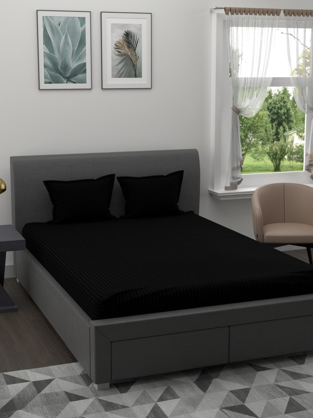 JAIPUR FABRIC Black Striped 300 TC Queen Bedsheet with 2 Pillow Covers