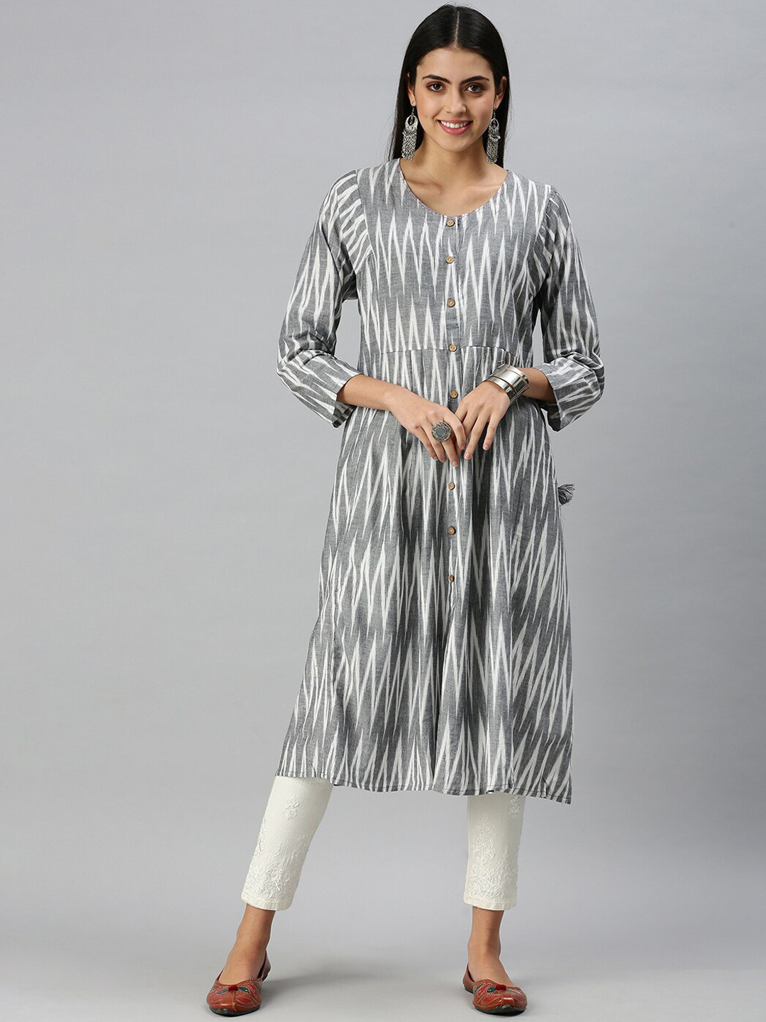 SHOWOFF Women Grey A-Line Printed Kurta