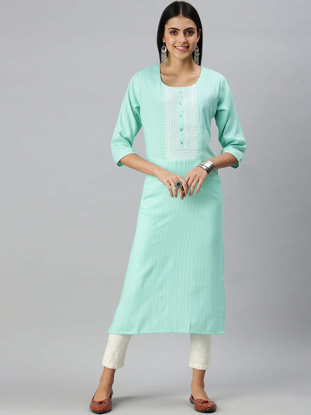 SHOWOFF Women Sea Green Ethnic Motifs Yoke Design Kurta
