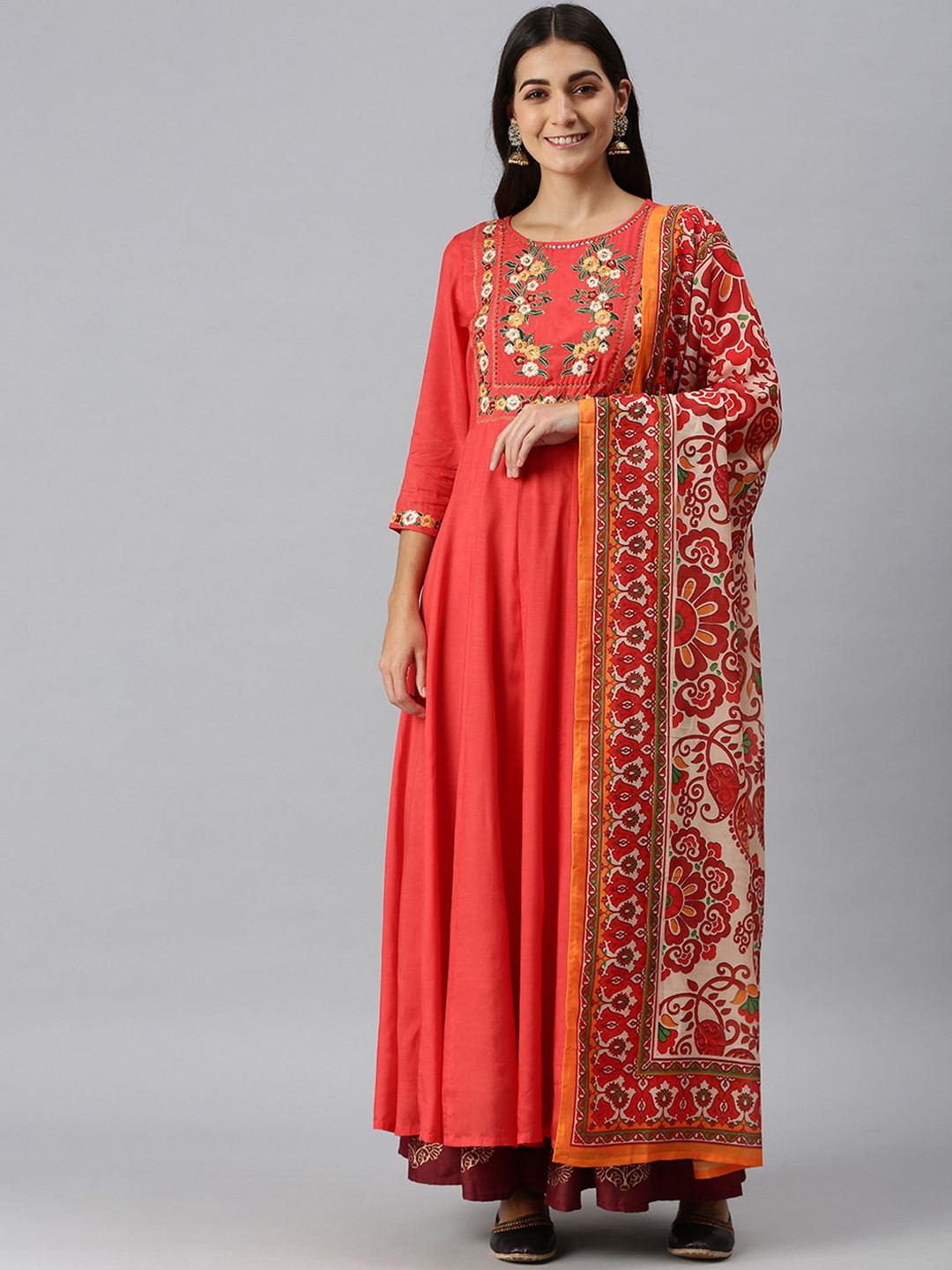SHOWOFF Women Red Ethnic Motifs Yoke Design Anarkali Kurta