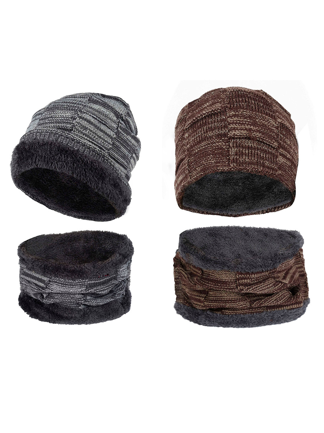 FabSeasons Unisex Set Of 2 Grey & Brown Acrylic Beanie & Neck Warmer