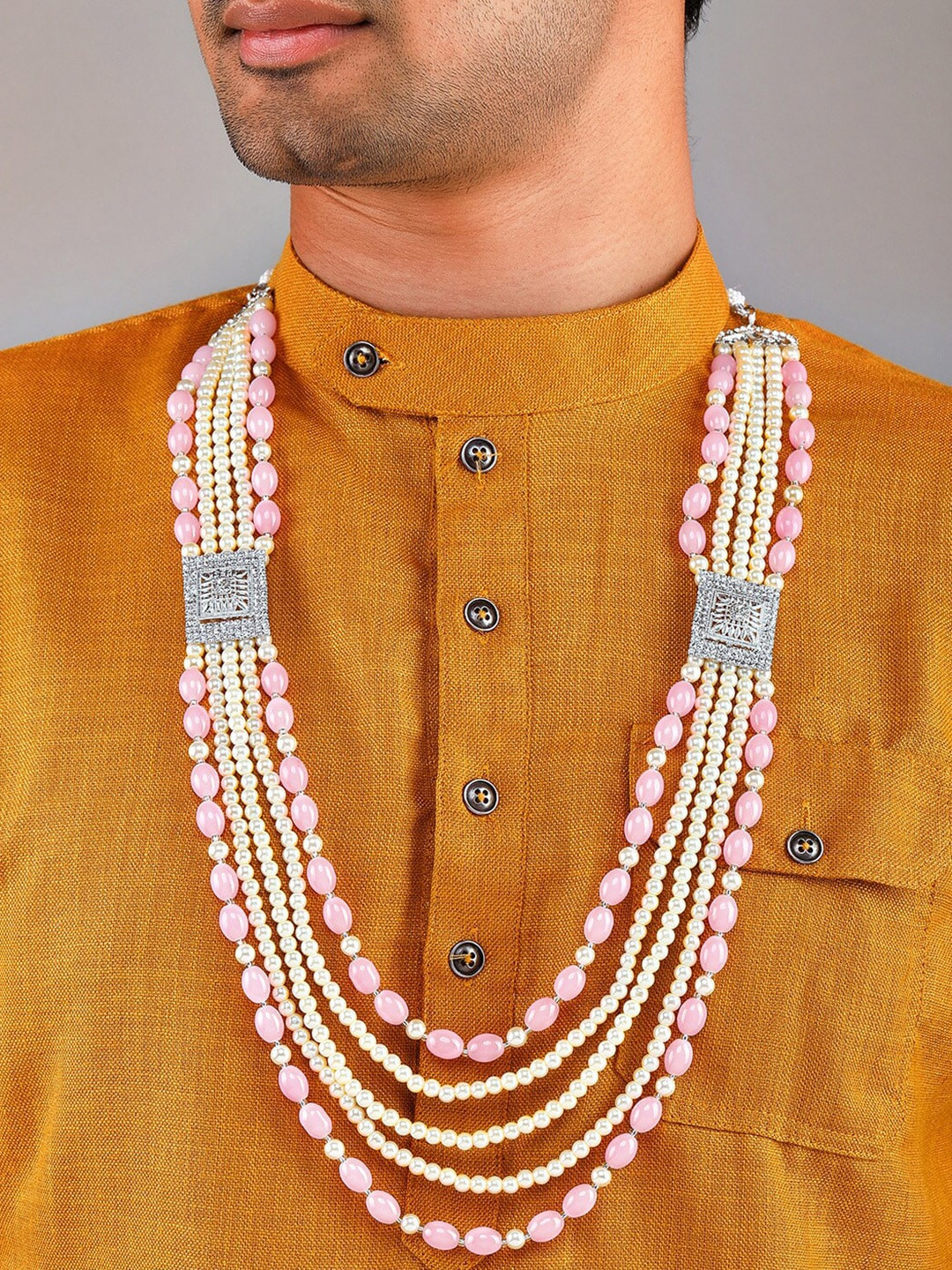 Rubans Traditional Gold, White & Pink Color Pearl Beaded Multi Layered Necklace