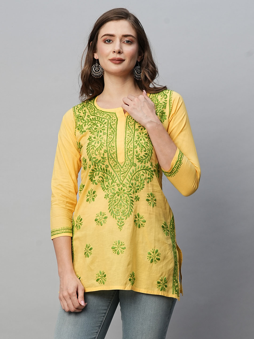 ADA Yellow & Green Ethnic Motifs Embroidered Chikankari Handloom Handloom Kurti