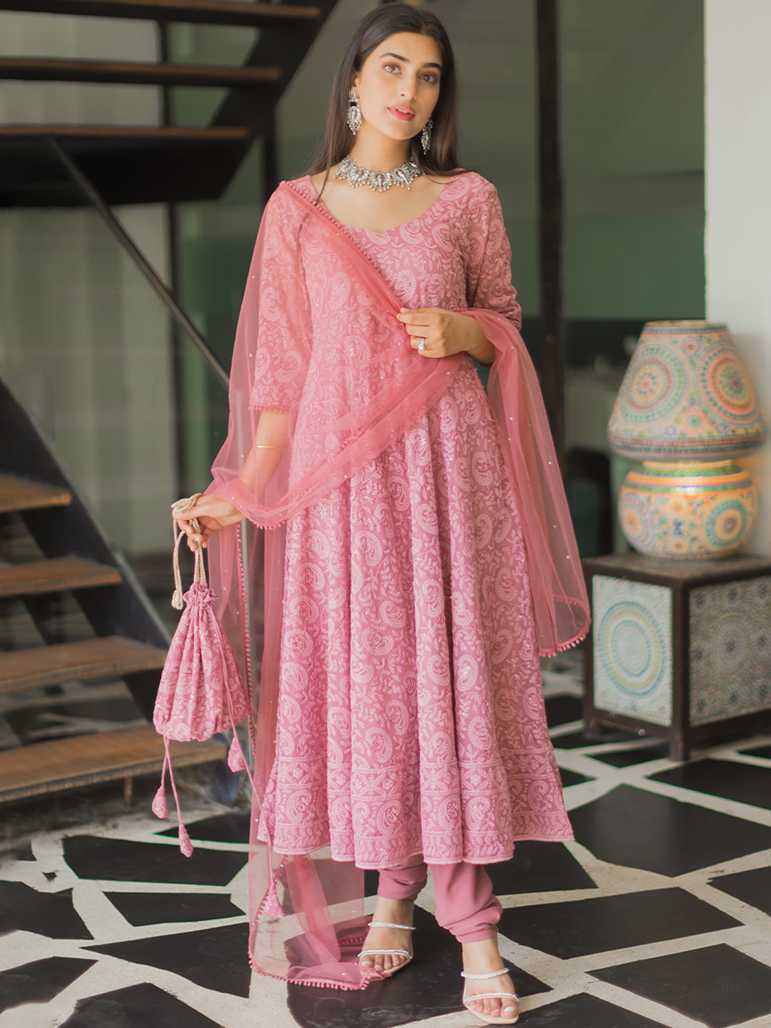 Libas Womens Mauve Embroidered Georgette Anarkali Kurta With Churidar & Dupatta