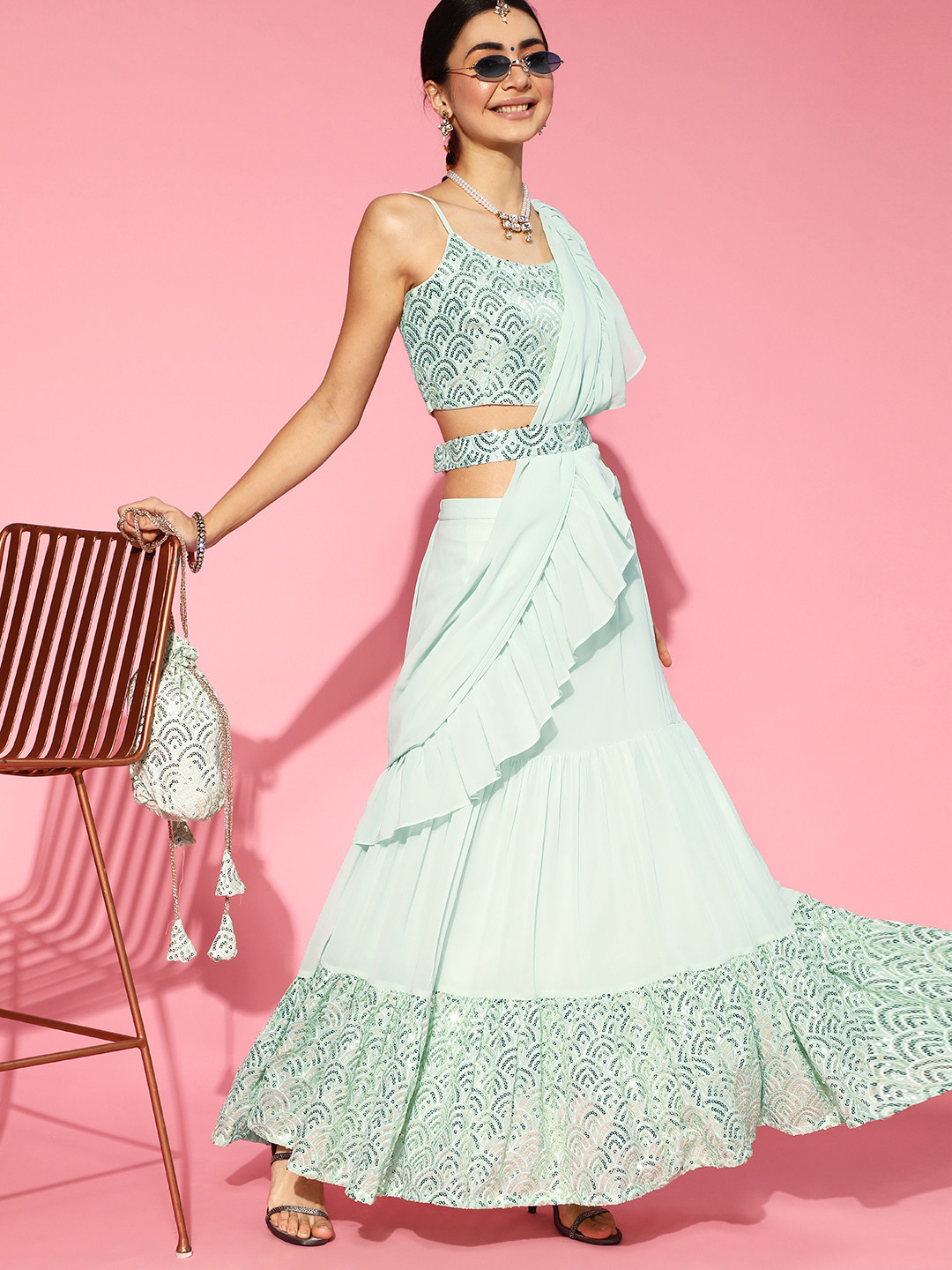 Libas Turquoise Blue Pure Georgette Saree