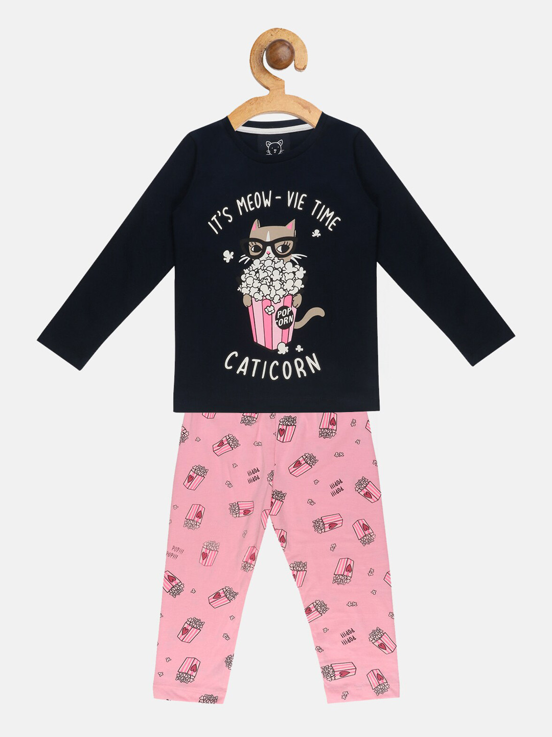 Lazy Shark Girls Navy Blue & Pink Printed Night suit
