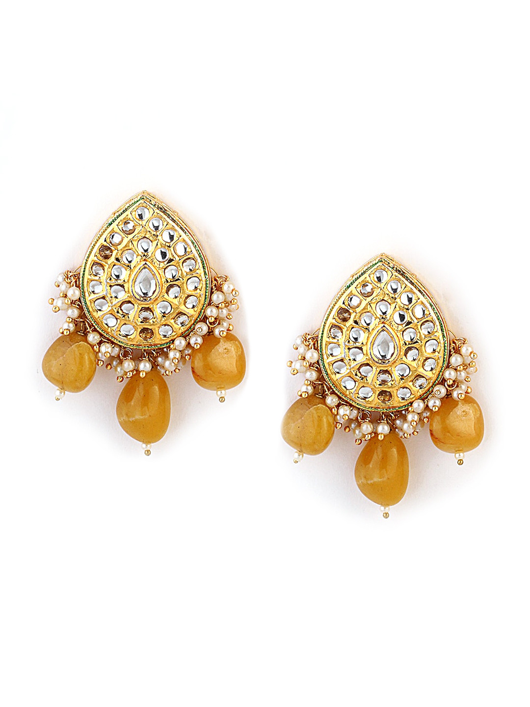 DUGRISTYLE Gold-Plated Yellow Sterling Silver Kundan Studded Contemporary Drop Earrings