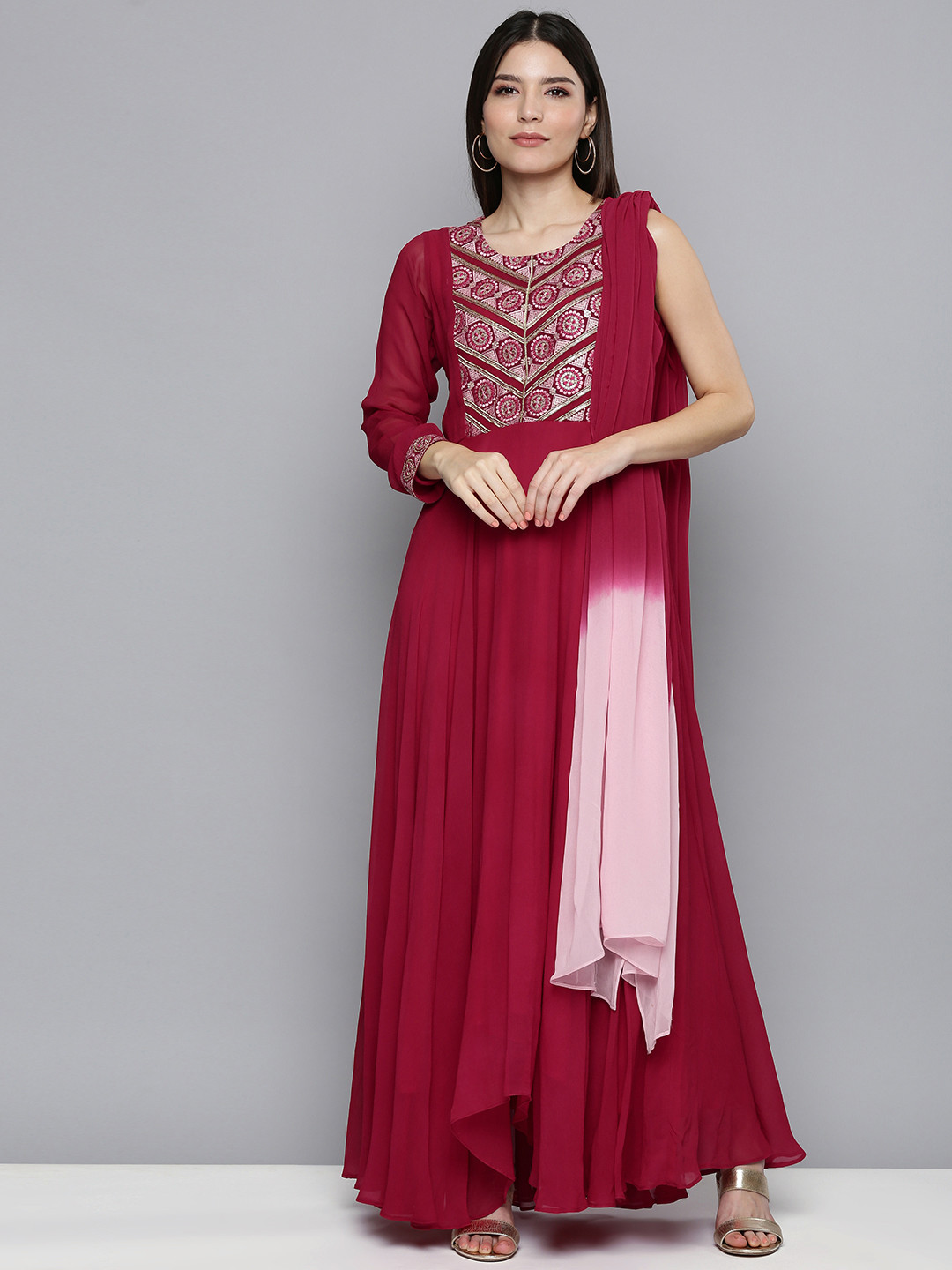 Kvsfab Women Red Embroidered Georgette Kurta with Attached Dupatta