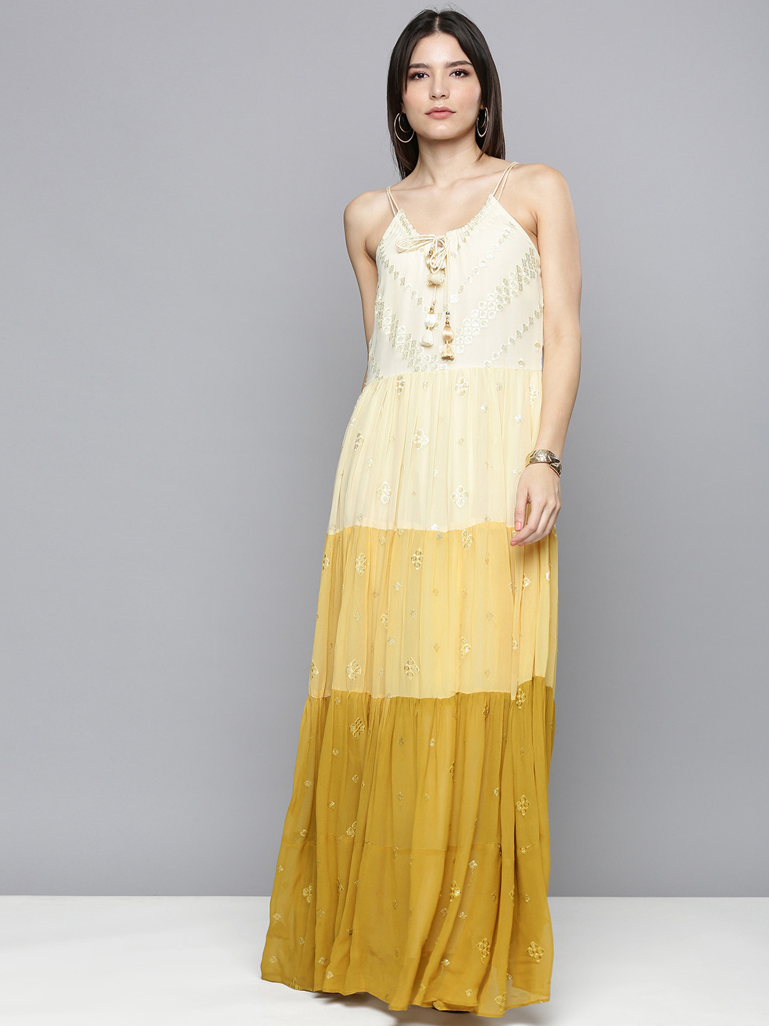 Kvsfab Yellow & Cream-Coloured Embroidered Tie-Up Neck A-Line Maxi Dress
