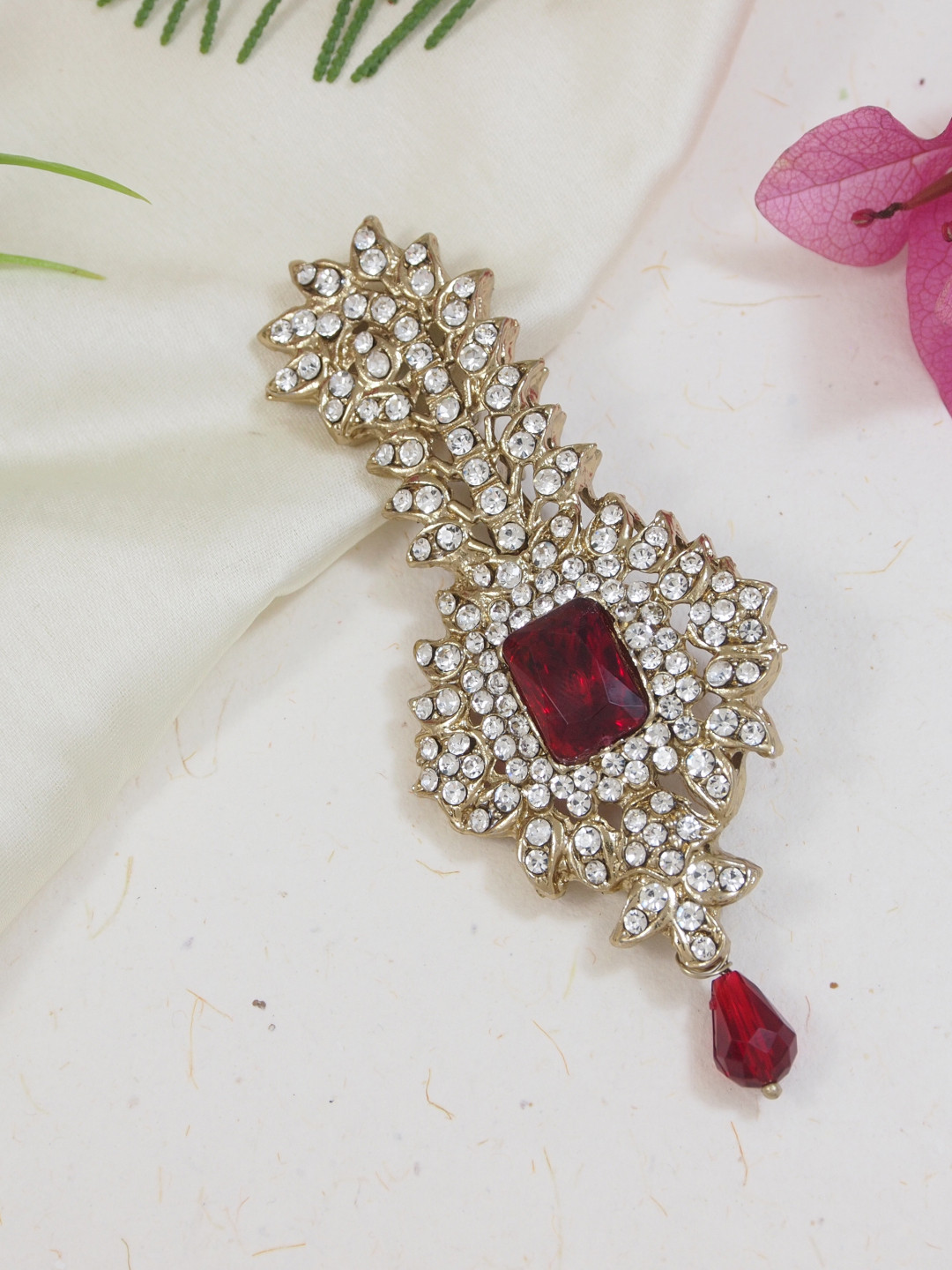 I Jewels Men Maroon & Gold-Toned Gold Plated Stone Studded Maharaja Dulha Pagdi Kalangi