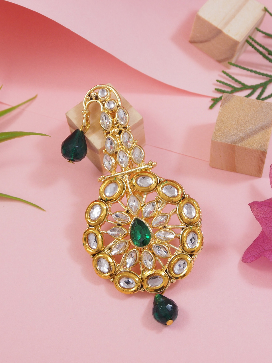 I Jewels Men Green & Gold-Toned Gold Plated Kundan Studded & Beaded Maharaja Pagdi Kalangi