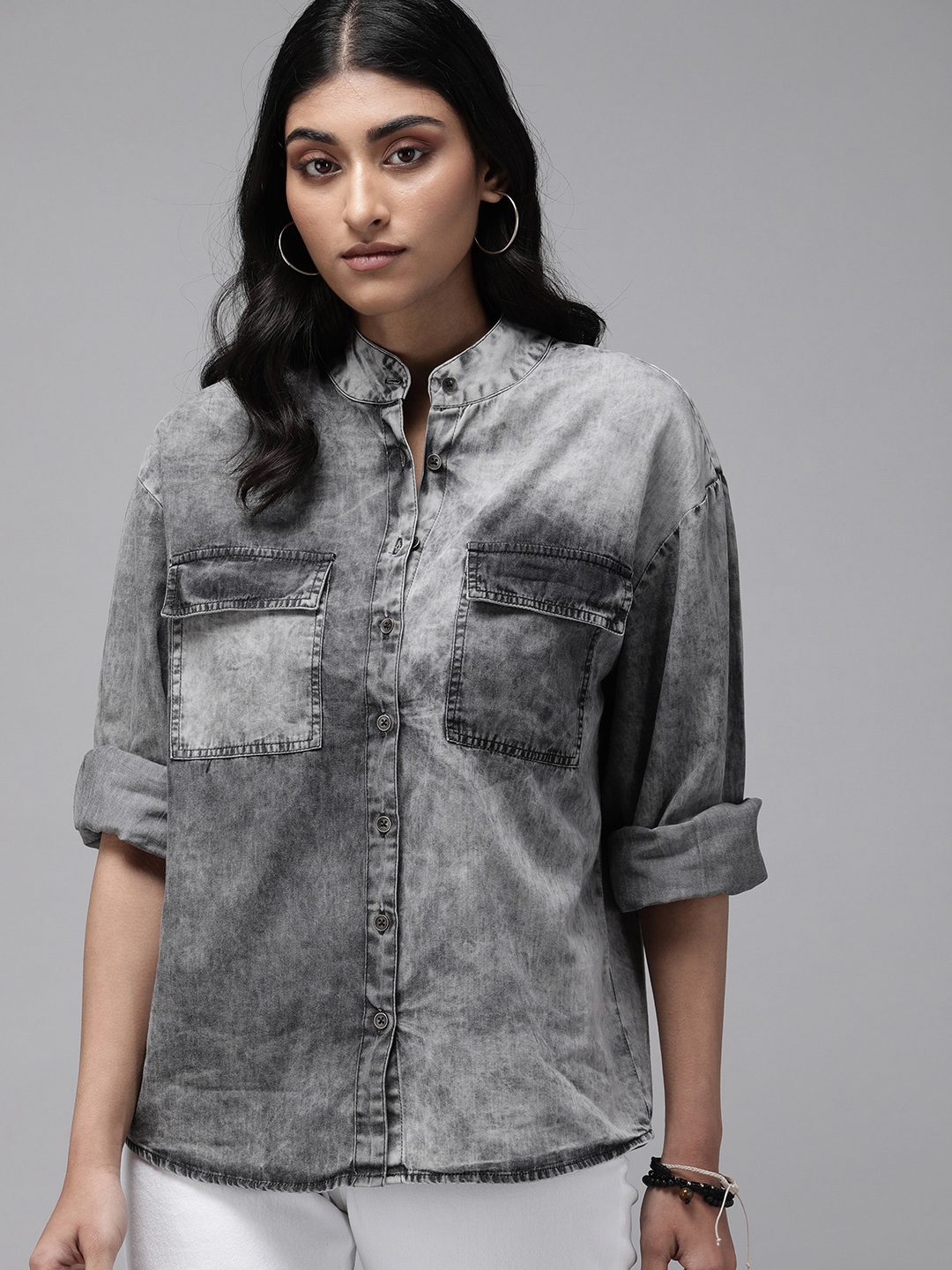 Buy The Roadster Lifestyle Co Women Charcoal Grey Faded Classic Regular Fit Denim Casual Shirt Shirts for Women 16874818 Myntra