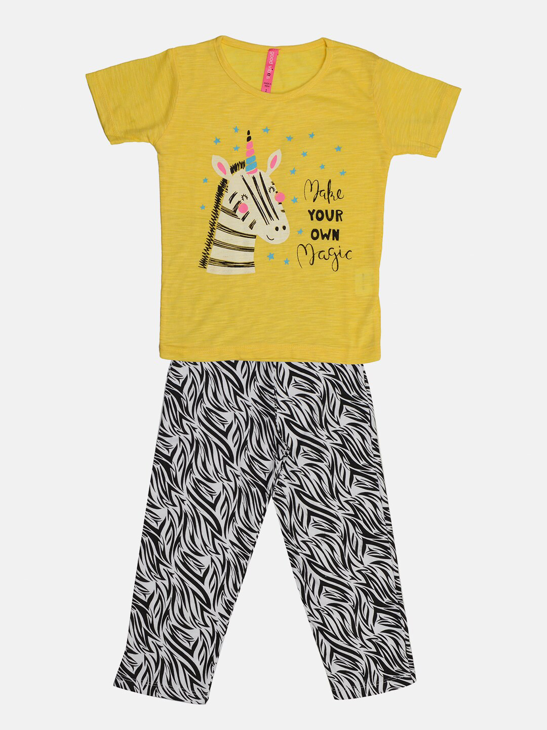 TINY HUG Girls Yellow & White T-shirt with Pyjamas