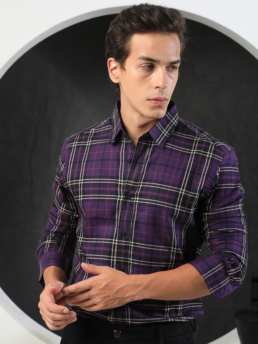 RARE RABBIT Men Purple Custom Slim Fit Tartan Checks Casual Shirt